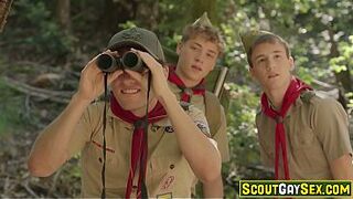 Scout hunk discovers smth SHOCKING in the woods throughout his binoculars! The scout slavemaster is making out with one of the other scout guys in the troop!