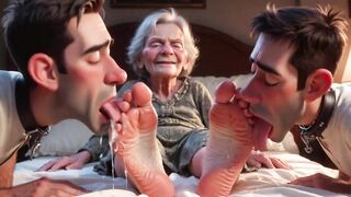 Pliant Mans Serving Old Granny's Unattractive Feet - Humiliation