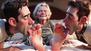 Pliant Mans Serving Old Granny's Unattractive Feet - Humiliation