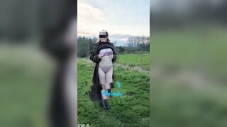 I stood with coat open in the field, purple underware out ?