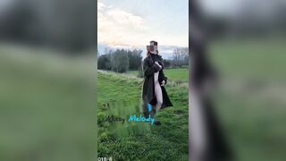 I stood with coat open in the field, purple underware out ?