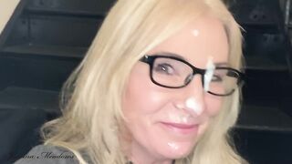 Risky hotel stairwell oral-job and facial, public cumwalk