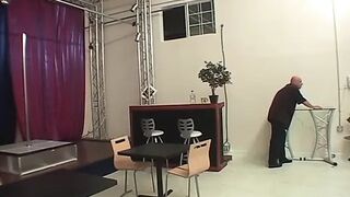 Slim golden-haired gives stud a foot job