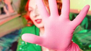 Marvelous pin up model Arya and pink latex household gloves
