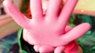 Marvelous pin up model Arya and pink latex household gloves
