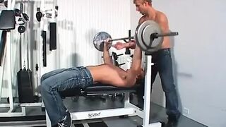 Three-some with bi sexual boy duett and hawt golden-haired in gym with ding-dong action