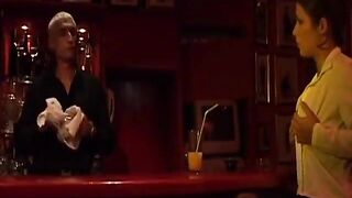 Lewd flight attendant strumpets suck chap's tool in a bar