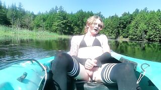 strawberry blond alt femboy in ebony bikini & haunch socks, nature kayak session - solo cum in cove