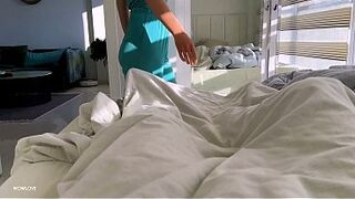 Step Mamma caught step son with morning boner and helped him cum on her large round butt