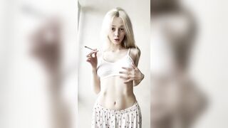 Flat abdomen heaving as that babe blows smoke ?