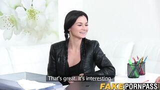 Brunette female agent is aroused by her new sexy client