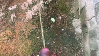 Holding Pee Bladder Bulge Desperately Pissing Outdoor