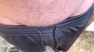 Holding Pee Bladder Bulge Desperately Pissing Outdoor