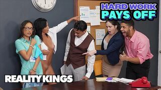 REALITY KINGS - Hot Lola Aiko Gets Her Twat Stretched By Abi James’s Belt-On Right On The Office Desk