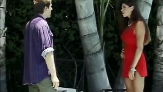 Brunette hair in sexy red suit gets her cunt screwed poolside