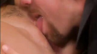 Breasty brunette hair sucks obese penis and gets drilled doggy style on bed