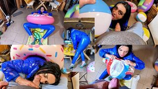Dom mother I'd like to fuck Leather Panties and Glossy Downjacket. Air Mattress, Beach Ball Popping and Cum Play