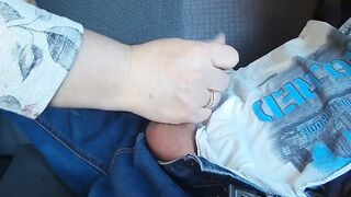 Skillful hands and gentle lips of a bulky woman bring my schlong to a spunk flow in the back seat of a car