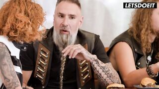 Curvy Tattooed Golden-haired Bent Over a Table and Drilled Doggy in Public