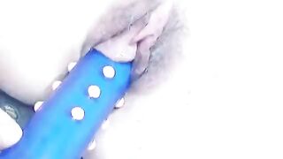 Brunette hair with bald twat gets herself off with sex toy