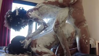 Three-some playing shaving foam in mad sex party