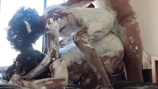 Three-some playing shaving foam in mad sex party