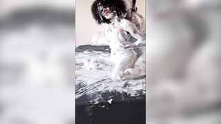 Three-some playing shaving foam in mad sex party