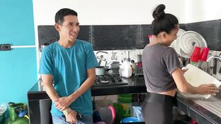 MY STEPBROTHER SCREWS MY LITTLE VAGINA IN THE KITCHEN.