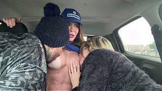 The gas station attendant assented to sit on my spouse's lap, and that guy got so turned on that this guy quit his job right then and there, even taking off all his clothing inside the car.