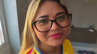 Nice-looking woman with glasses loves to drink shlong