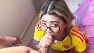 Nice-looking woman with glasses loves to drink shlong