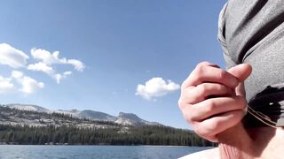 Sexy Man Public Climax. Spunk fountain Jerking Off By Alpine Lake For Her.
