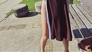 Wife takes off her panties and walks around the park in public wearing merely her pants!