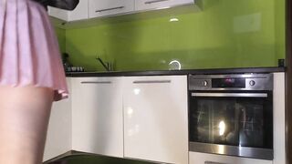 Super hawt small slim blond wife in the kitchen takes off her white cotton pants when gets bored and ignored