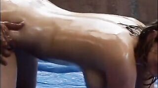 Oiled teen doll with good titties rides rod after nuru massage