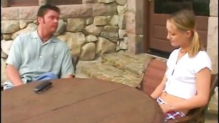 Cute blond teen with petite was invited to dance chocolate cha-cha-cha outside the mansion-abode