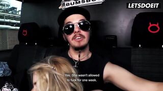 Stripped Blond with a Large Booty Gagging on His Knob Between the Van Seats