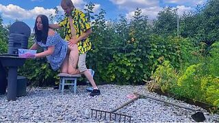 Nasty GF gets screwed hard outdoors on a stool