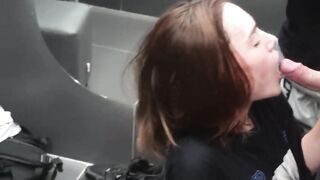 After the gym, in the shower: a brunette hair with tiny boobs sucks and gives herself doggystyle.