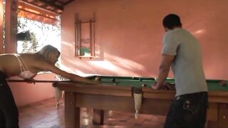Trans woman dick sucking anal banging on the pool table
