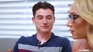 Stepmom Crystal Clark helps her stepson calm his boner by giving blow job.Still not sufficiently,that babe pulls her pants down and lets him bang her hirsute snatch