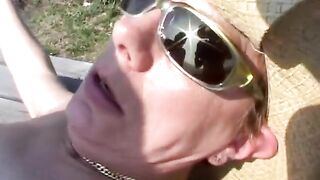 Barefaced aged pair screwing in the countryside