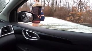 Teen Hotty in Plaid Petticoat Gets a Ride to School From a Stranger on a Snowy Day