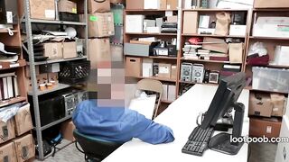 Small Oriental shoplifter screws security guard on the stockroom desk