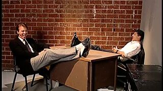 Natural titties redhead floozy seduces lads on the office table