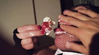 Food Play with Strawberries and Creamy Twat for Miss Kika (homemade, Large Melons, Creamy Fellatio)