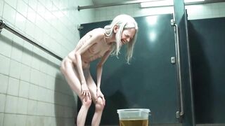 Old Granny Public Pissing in Bucket - Bushy Juicy Cunt & Real Climax