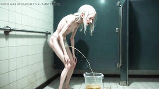 Old Granny Public Pissing in Bucket - Bushy Juicy Cunt & Real Climax