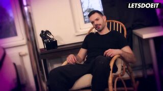 Intimate Neon Pole Dance, Large Tattooed Booty Pushed Right in His Face