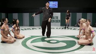 Coarse Non-scripted Tag Team Action two Teams Battle to Watch Who Are the Toughest Strumpets on the Mat